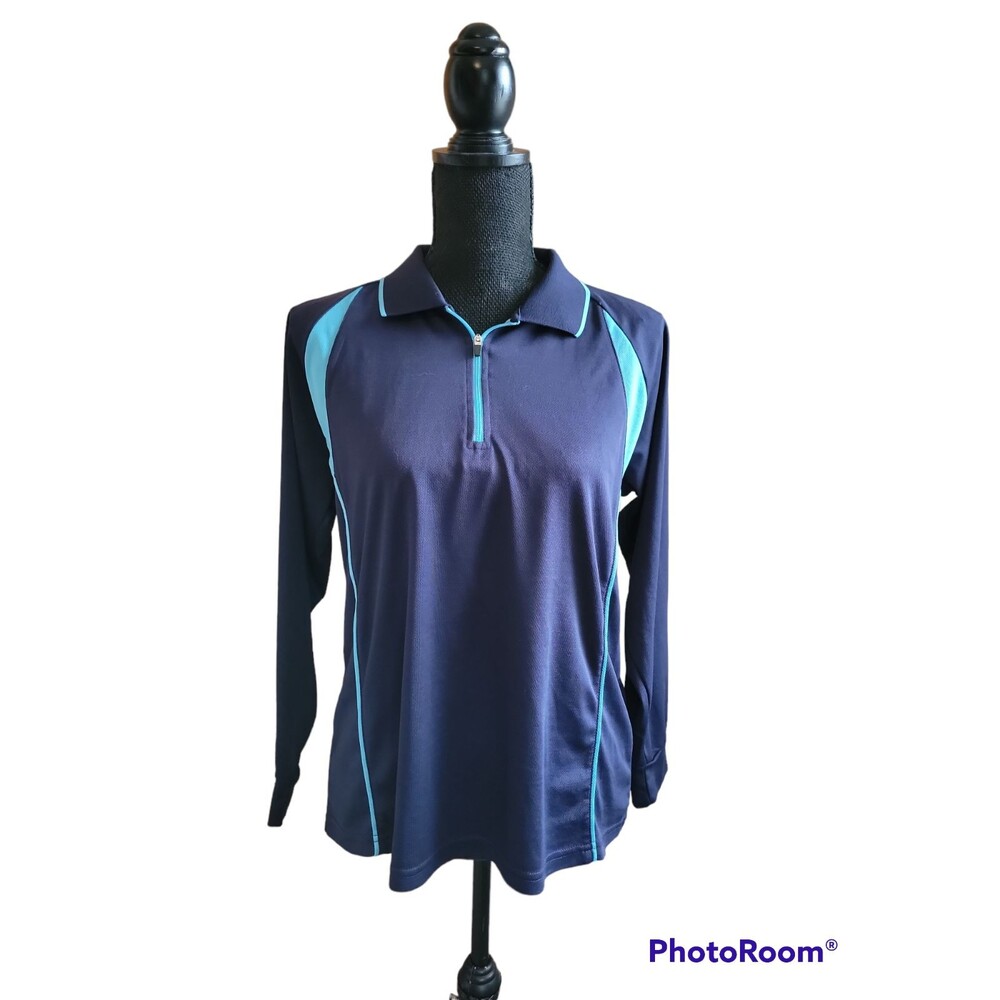 CLOVERY Womens 2tone Blue Coolon ActiveWear Long Sleeve Half Zip Polo Shirt Sz L
